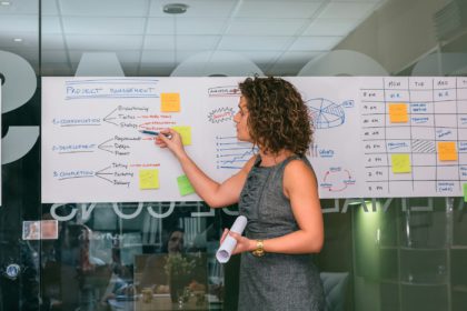 Female coach showing project management studies over glass wall