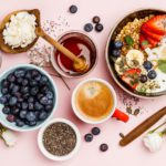 Healthy breakfast set with coffee and granola