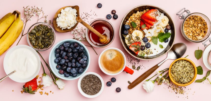 Healthy breakfast set with coffee and granola